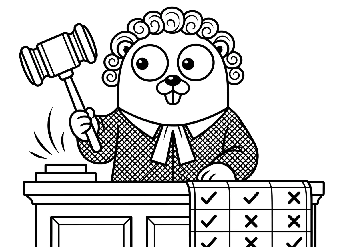 Line-art gopher dressed as a judge in a curled wig, raising a gavel behind a bench with a checklist of ticks and crosses